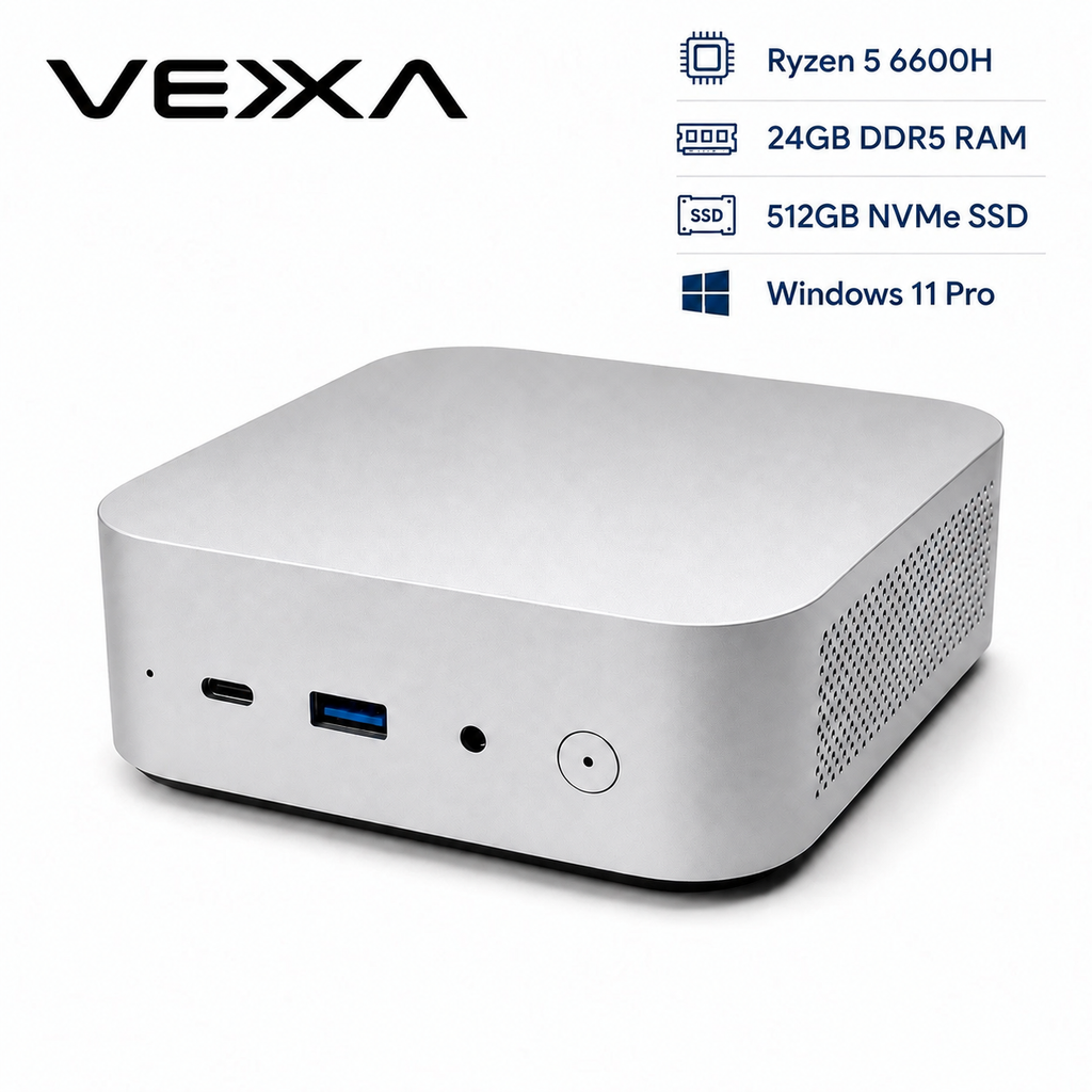 VEXXA Mini PC – AMD Ryzen 5 6600H, 24GB DDR5, 512GB NVMe SSD, Windows 11 Pro