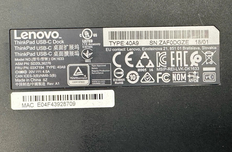 Lenovo ThinkPad USB-C Dock 40A9 DK1633 – Dock Only