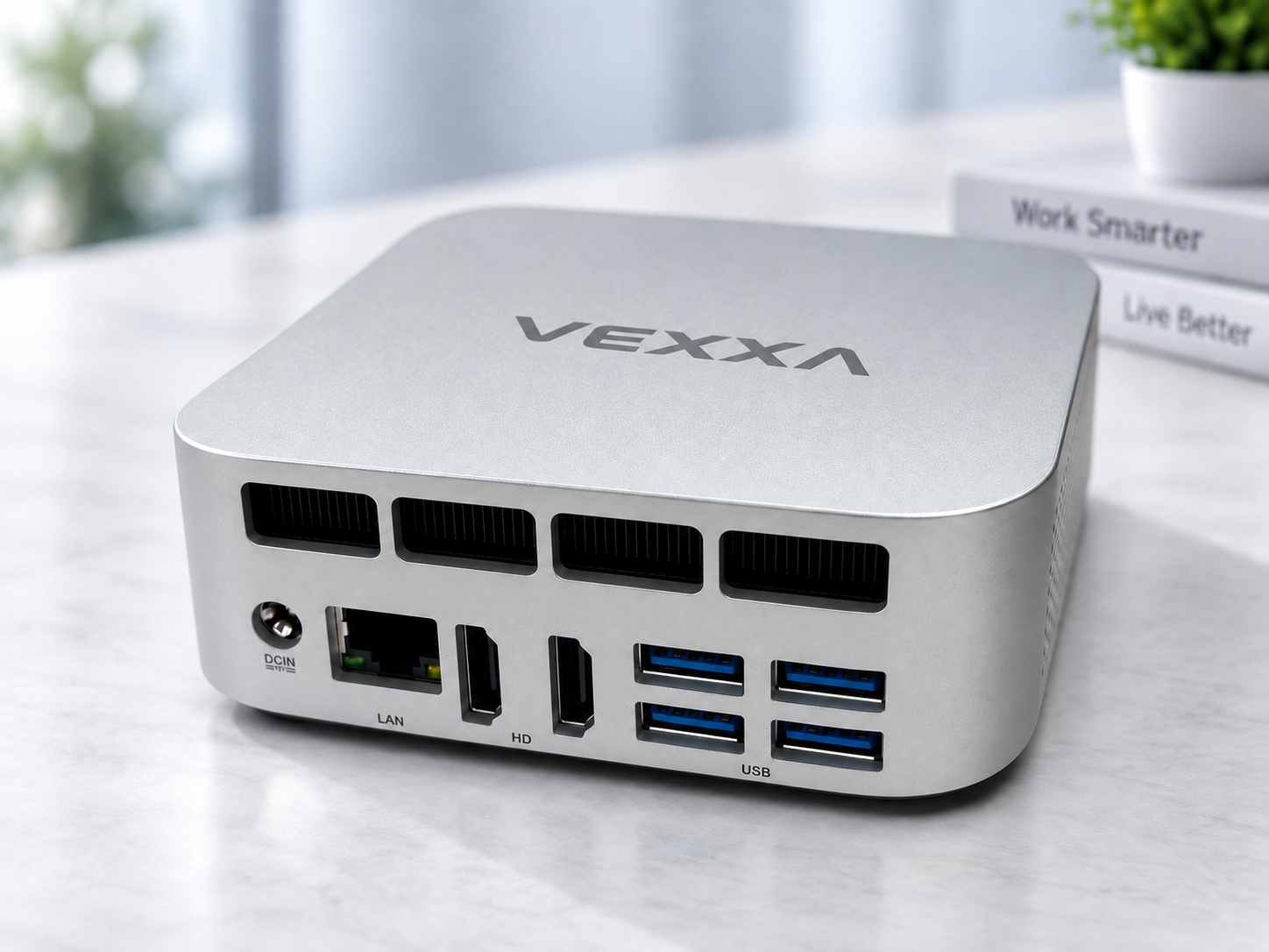 VEXXA Mini PC rear ports in a clean workspace